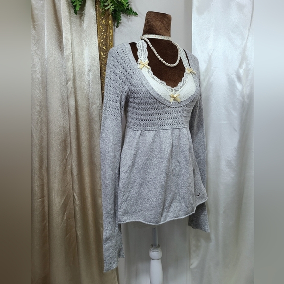 ♡ Y2K ♡ Hollister Grey Rabbit Hair Empire Waist Babydoll Sweater - Picture 4 of 11
